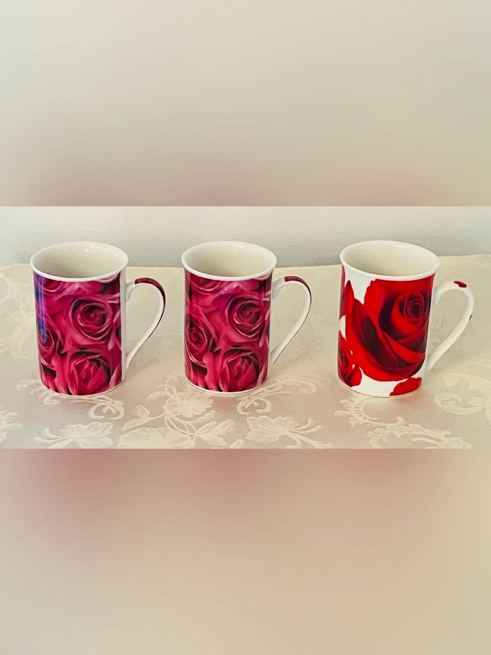Rose Print Latte Mug Set Pink Floral Cottagecore Tea Coffee Cups NWOB